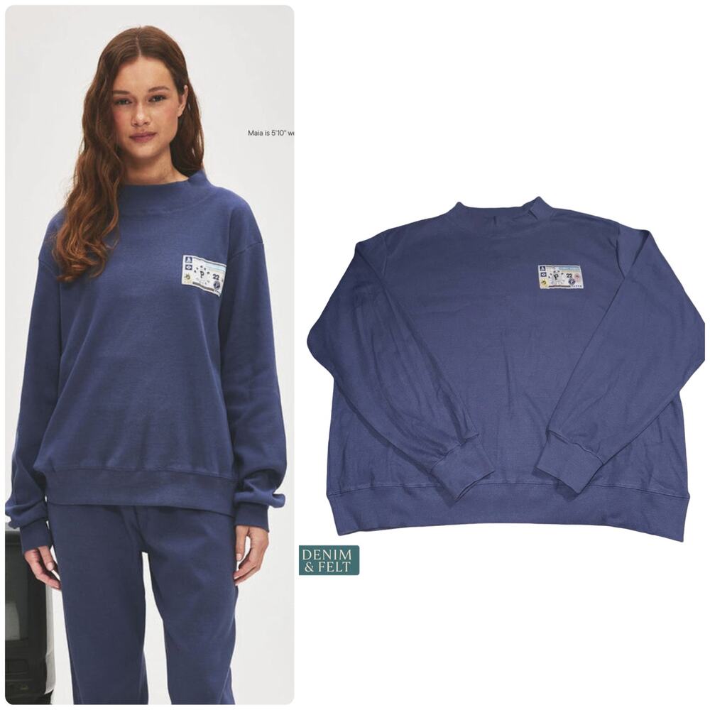 NEW Parke Ribbed Mockneck Pullover Crown Blue Nostalgia Patch Cozy Luxe L/XL